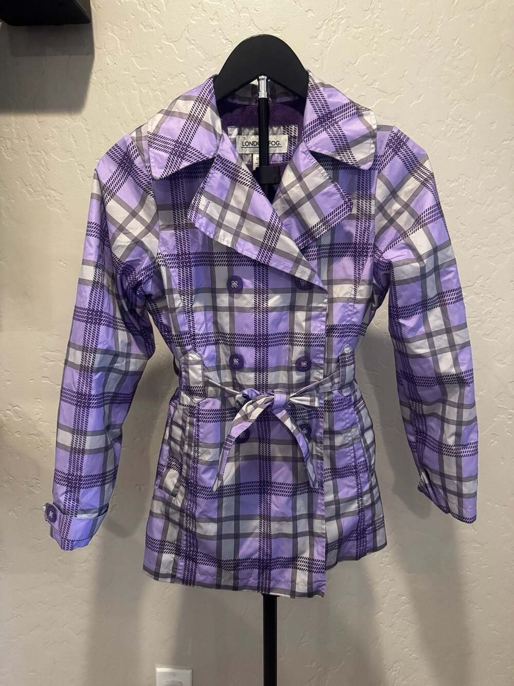 Y2k London Fog Trench Coat Fleece Lined Purple Plaid Belted